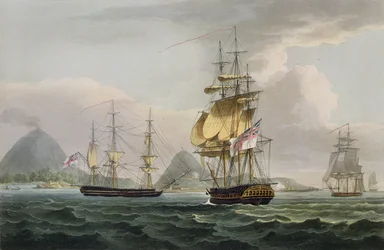 La captura de la isla de Banda, 9 de agosto de 1810, grabado por Thomas Sutherland para 